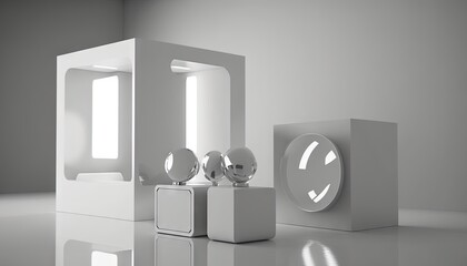  a white room with a clock and two cubes on the floor and a mirror on the wall in the center of the room and a white wall.  generative ai