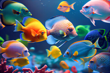 illustration of colorful fish in the red sea. Generative AI, Generative, AI