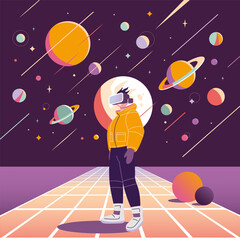 Concept of virtual reality technology, metaverse, cartoon style. Boy in VR glasses on Background with space, planets and stars, retro futurism. Trendy modern vector illustration, hand drawn, flat