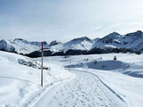 Fototapeta Góry - Excellently arranged and cleaned winter trails for walking, hiking, sports and recreation in the area of the Swiss tourist winter resort of Arosa - Canton of Grisons, Switzerland (Schweiz)
