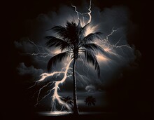 Lightning Flashes At Night Against The Black Silhouettes Of Coconut Trees. Generative AI.