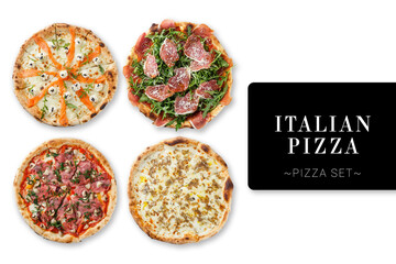 Wall Mural - Collage set of pizza assortie isolated on white background. Different types of Pizza with seafood, beef, Parma ham, salami for restaurant menu. Ready advertising banner with text and copy space