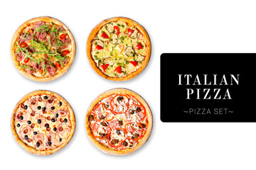 Wall Mural - Collage set of pizza assortie isolated on white background. Different types of Pizza with vegetables, beef, Parma ham for restaurant menu. Ready advertising banner with text and copy space