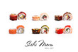 Collage set of Dragon sushi roll pieces isolated on white background. Different types of Sushi rolls for restaurant menu. Ready advertising banner with sushi assortment, text and copy space