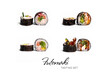 Collage set of Futomaki sushi roll pieces isolated with on white background. Different types of Sushi rolls for restaurant menu. Ready advertising banner with sushi assortment, text and copy space