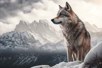 Naklejka na meble wolf in winter at the top of a mountain looking out made with generative ai