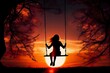 © valiantsin - Woman back silhouette sitting and swinging at sunset, orange light. Generative AI