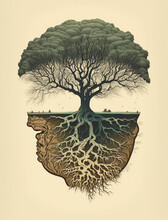 Vintage Style Poster Of A Tree With Exposed Roots-Muted Colors-Generative Ai