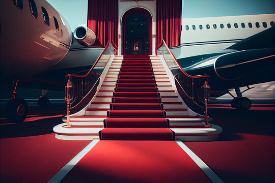 vip luxury red carpet on stairs to private jet airplane.generative ai