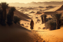 Man In Robe Walking In The Desert Created With Generative AI Technology.