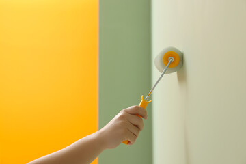 Poster - Worker using roller to paint wall with colorful dye indoors, closeup