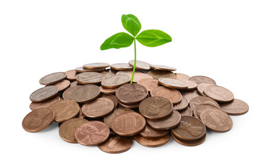 Heap of coins and green sprout isolated on white