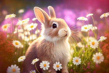 Wall Mural - rabbit in a meadow in blooming daisies in spring. Generative AI, Generative, AI