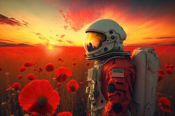 Wall Mural - Astronaut with helmet in a poppy field at sunset colorful background. Generative AI