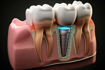 Wall Mural - Concept for dental prosthesis. Demonstrating the placement of a dental implant. Close up model of teeth's anatomy. Generative AI