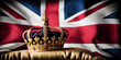 Royal golden crown with jewels on golden pillow on United Kingdom flag background. Symbols of UK United Kingdom monarchy. Generative AI	