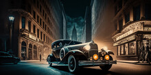 Old-fashioned Digital Artwork Of Lighted Streets In New York City At Night With Vintage Cars And Vehicles. 1920s New York City, Old School. Wallpaper With A Conceptual Theme. Generative AI
