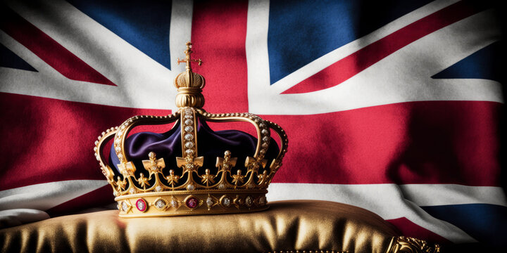royal golden crown with jewels on golden pillow on united kingdom flag background. symbols of uk uni