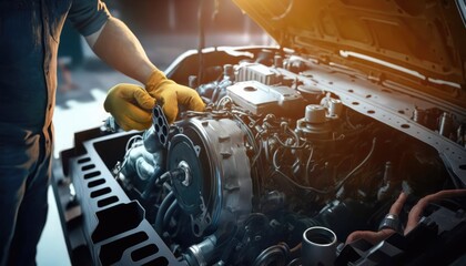 Wall Mural - repairman hands repairing a car engine automotive workshop with a wrench, Automobile mechanic car service and maintenance, Repair service