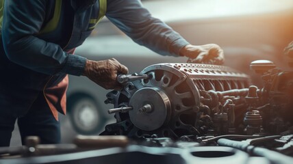 Wall Mural - repairman hands repairing a car engine automotive workshop with a wrench, Automobile mechanic car service and maintenance, Repair service