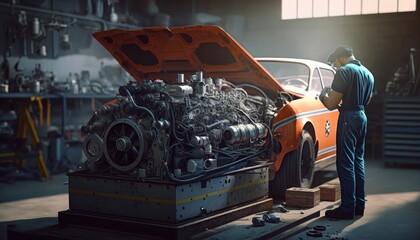 Wall Mural - repairman hands repairing a car engine automotive workshop with a wrench, Automobile mechanic car service and maintenance, Repair service