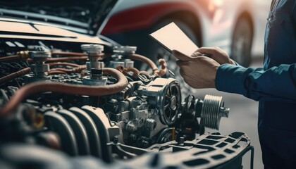 Wall Mural - repairman hands repairing a car engine automotive workshop with a wrench, Automobile mechanic car service and maintenance, Repair service