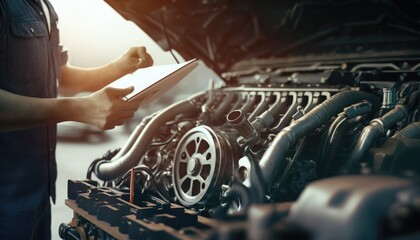 Wall Mural - repairman hands repairing a car engine automotive workshop with a wrench, Automobile mechanic car service and maintenance, Repair service