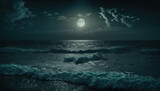 Fototapeta Niebo - ocean in the night, moon in the background Generative AI, Generativ, KI