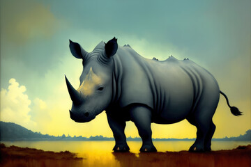 Wall Mural - Colorful magic Rhino or Rhinoceros, cartoon style painting. Generative ai art illustration