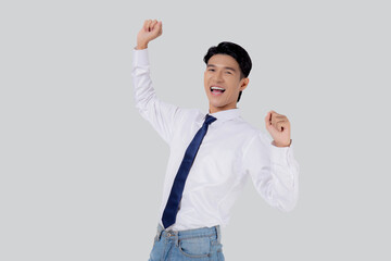 Portrait beautiful businessman in suit standing with glad and success isolated on white background, young asian business man is manager or executive smile with confident and excited for victory.