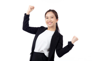 Portrait beautiful businesswoman in suit standing with glad and success isolated on white background, young asian business woman is manager or executive smile with confident and excited for victory.