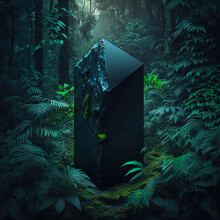 Black Stone Monolith In Ancient Jungle, Portal Or A Sign Of Civilisation. Generative AI
