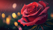 Closeup of realistic red rose with red blurred background, Generative AI