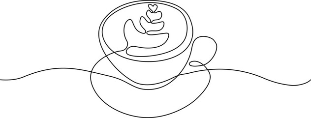 Coffee cup in continuous line art.Vector line drawing of two cups with cappuccino or latte.