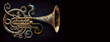 Music trumpet fictional instrument air decorated, horizontal banner black background with copy space for jazz music concert. Generative AI