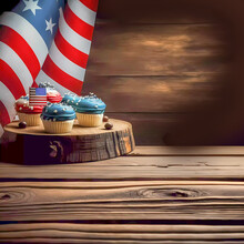 An American Flag And A Row Of Cupcakes For The American Flag Day Holiday On A Table Top.  Generative AI