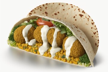 Falafel is a traditional Middle Eastern dish made from ground chickpeas or fava beans, herbs, spices, and vegetables. It is typically served as salad, pita, or in wrap-style sandwiches. 