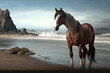 a brown horse stands on the beach. Generative AI