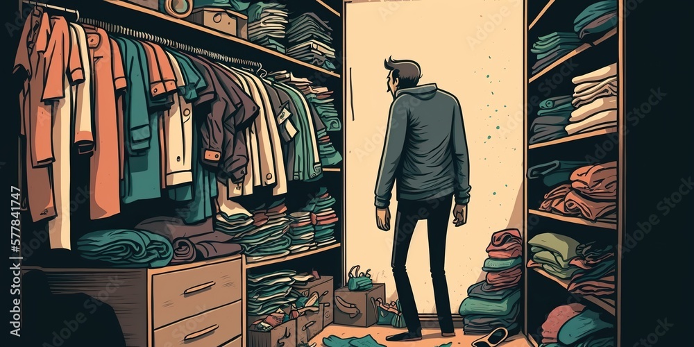 A person standing in front of a cluttered closet, looking frustrated and overwhelmed
