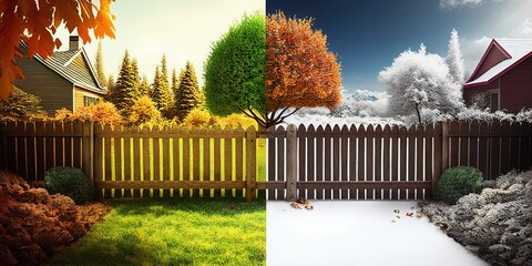 Wall Mural - split comparison view of different summer vs winter seasons, aging or timeline of environmental climate change concepts as wide banner - Generative AI