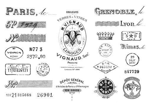 vintage french paris design elements, calligraphic elements, postage and other stamps, numbers etc. 