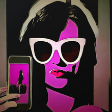 Girl With Glasses Makes A Selfie, Black And Pink, Retro Style