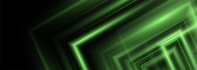 Poster - Black wide abstract background with green neon shapes. Futuristic banner with green luminous lines. Vector illustration