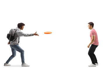 Poster - Full length profile shot of a young african american man throwing a flying disc with a young caucasian man