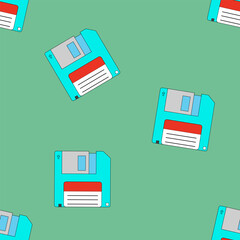 Poster - Seamless pattern with floppy disk or diskette retro electronic storage device, doodle style vector