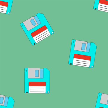 Seamless pattern with floppy disk or diskette retro electronic storage device, doodle style vector