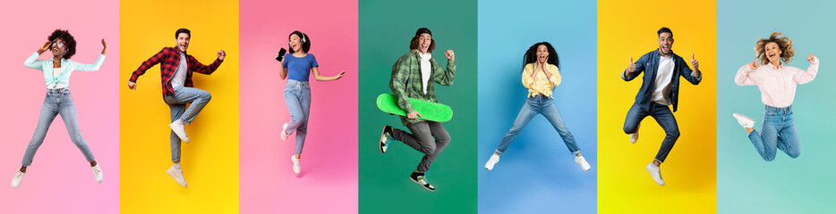 Poster - Diverse Young People Expressing Positive Emotions While Jumping Over Colorful Backgrounds