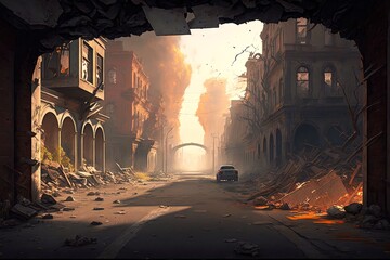 Wall Mural - a street in a city that has been ravaged by fire, with destroyed buildings and rubble covering the ground., created with generative ai