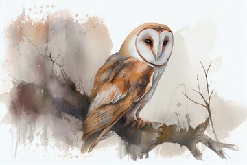 a barn owl in a tree, watercolour style generative ai