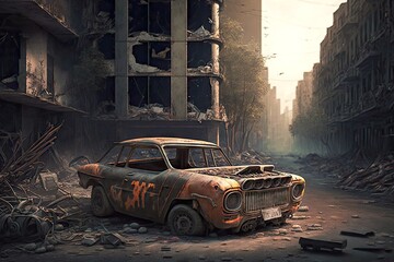 Wall Mural - a burned-out car on a city street, surrounded by scorched buildings and rubble., created with generative ai